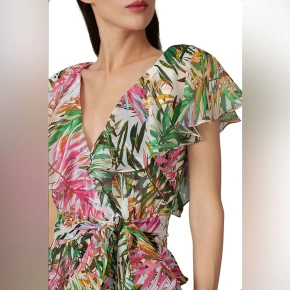 BADGLEY MISHKA 8 EASTER Resort Wedding Coastal Palm Ruffle Pink Green Maxi Dress - Picture 4 of 16